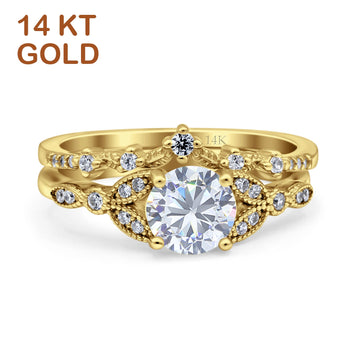 14K Yellow Gold Two Piece Vintage Style Bridal Set Round Simulated Cubic Zirconia Wedding Ring
